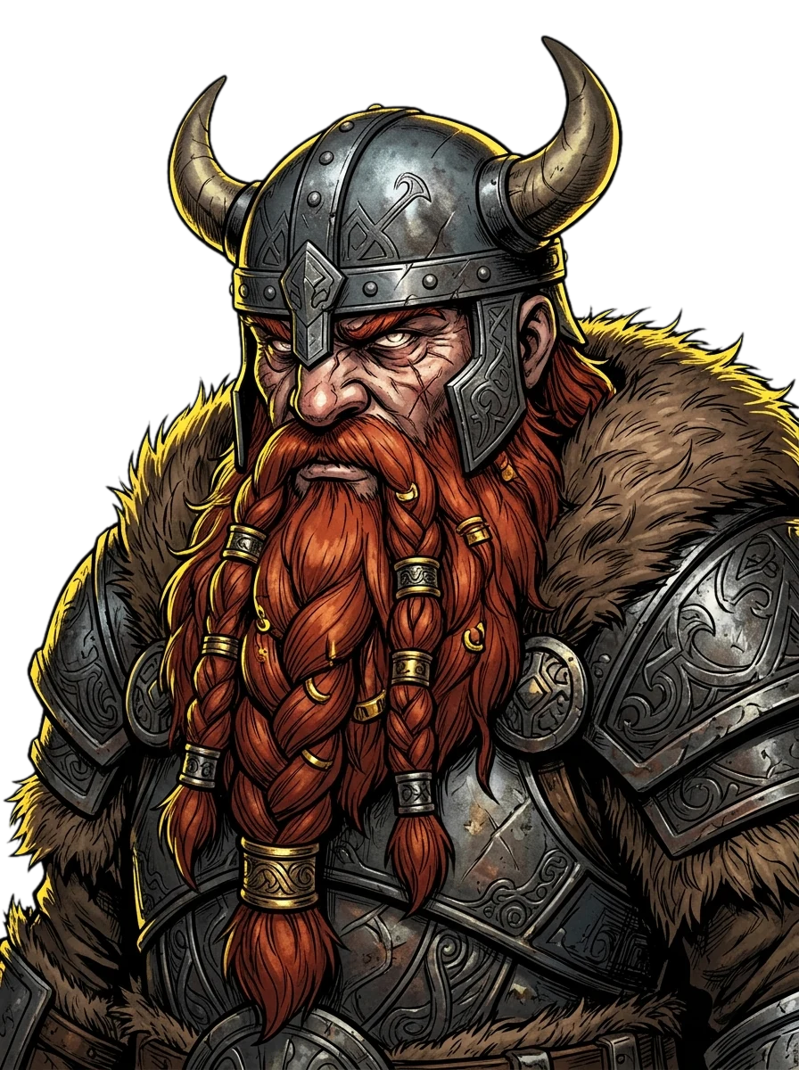 Retrato de um anão guerreiro de barba ruiva trançada