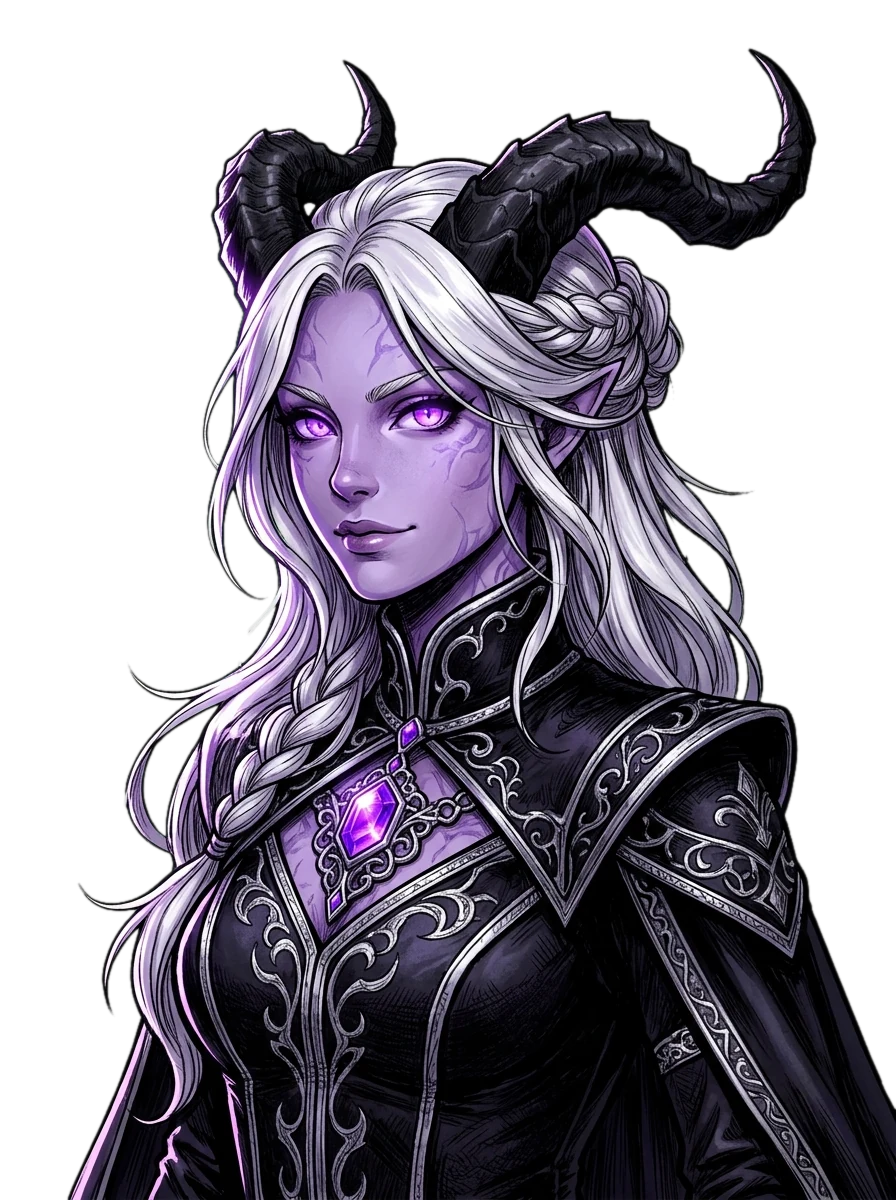 Retrato de uma tiefling com chifres negros e olhos violeta